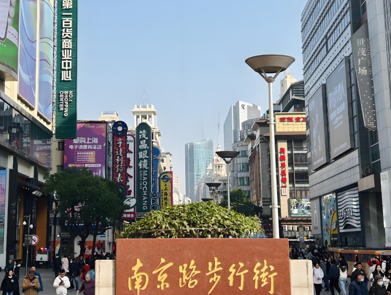 A crowded Nanjing Road Pedestrian Street, lined with shops and illuminated by bright lights